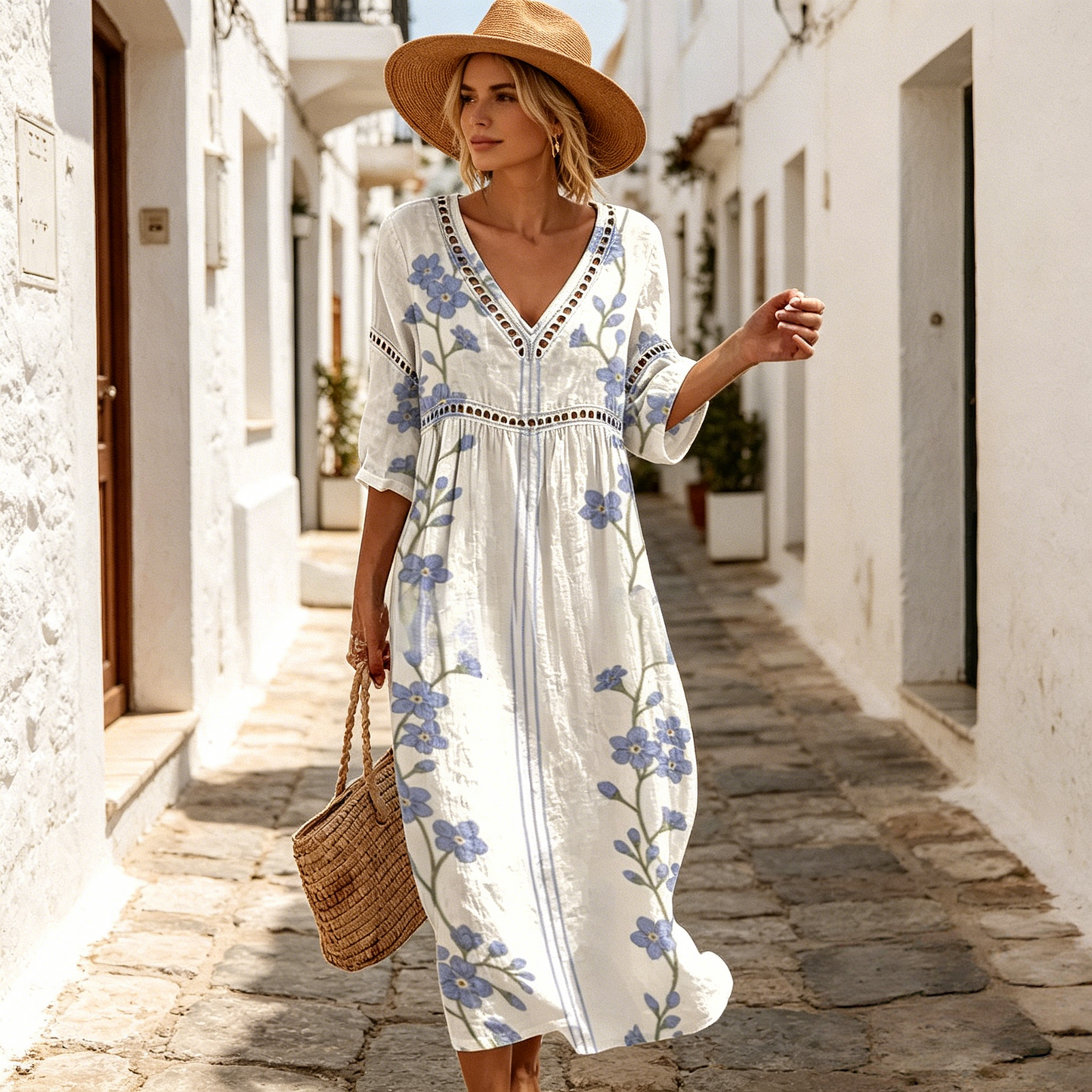 👗【S-3XL】Długa sukienka z bawełny i lnu z kwiatowym nadrukiem, letni styl, dekolt w serek, wyraźna talia, luźna i przewiewna, ukrywa niedoskonałości i stylizuje sylwetkę.
