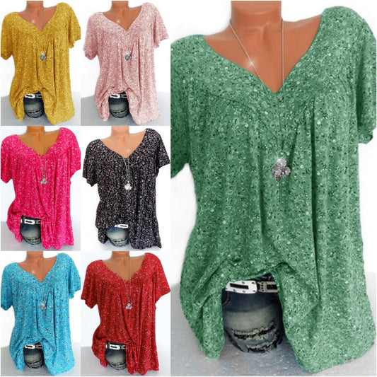 💥👚【Promocja nowego produktu】❤️【S-5XL】2025 Koszulka z krótkim rękawem i nadrukiem z dekoltem w serek Letnie groszki z brokatem Damskie topy