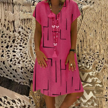 🥻🌲【S-5XL】Nowa sukienka z nadrukiem z dekoltem w serek, wykonana z bawełny i lnu: przyjazna dla skóry i miękka