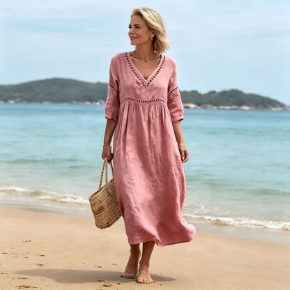👗【S-3XL】Letnia modna sukienka z bawełny i lnu z dekoltem w serek, przewiewna, wygodna i niekrępująca ruchów