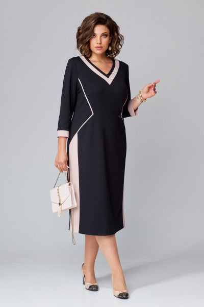 [S-5XL] Elegancka sukienka z dwukolorowym designem i dekoltem w kształcie litery V na sezon jesienno-zimowy | Krój wysmuklający i wydłużający sylwetkę, wygodna i ciepła