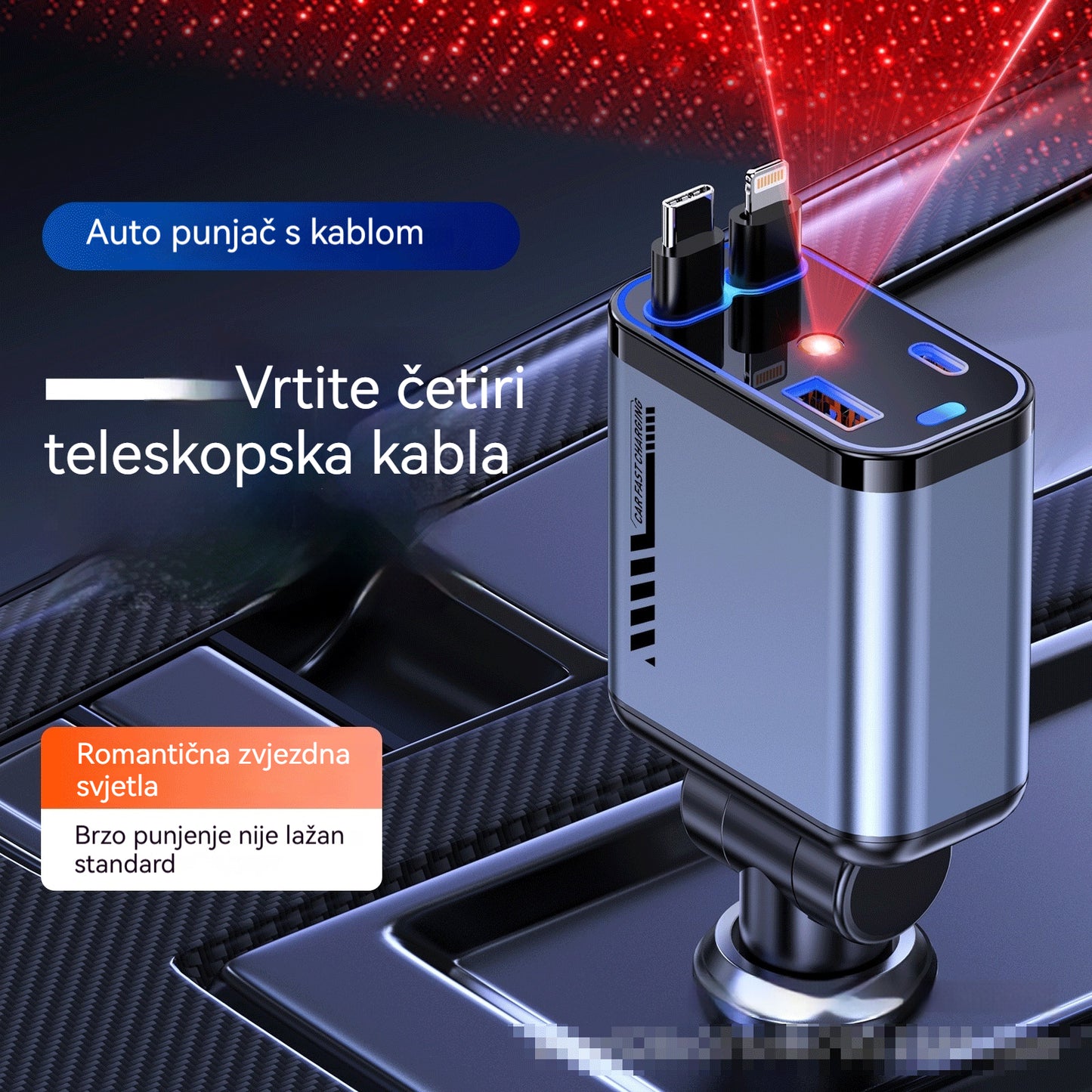 ⚡✨Ultra brzo auto punjač: dva sklopiva USB-C porta sa Starlight ambijentalnim svjetlom i inteligentnom zaštitom 🚗💫