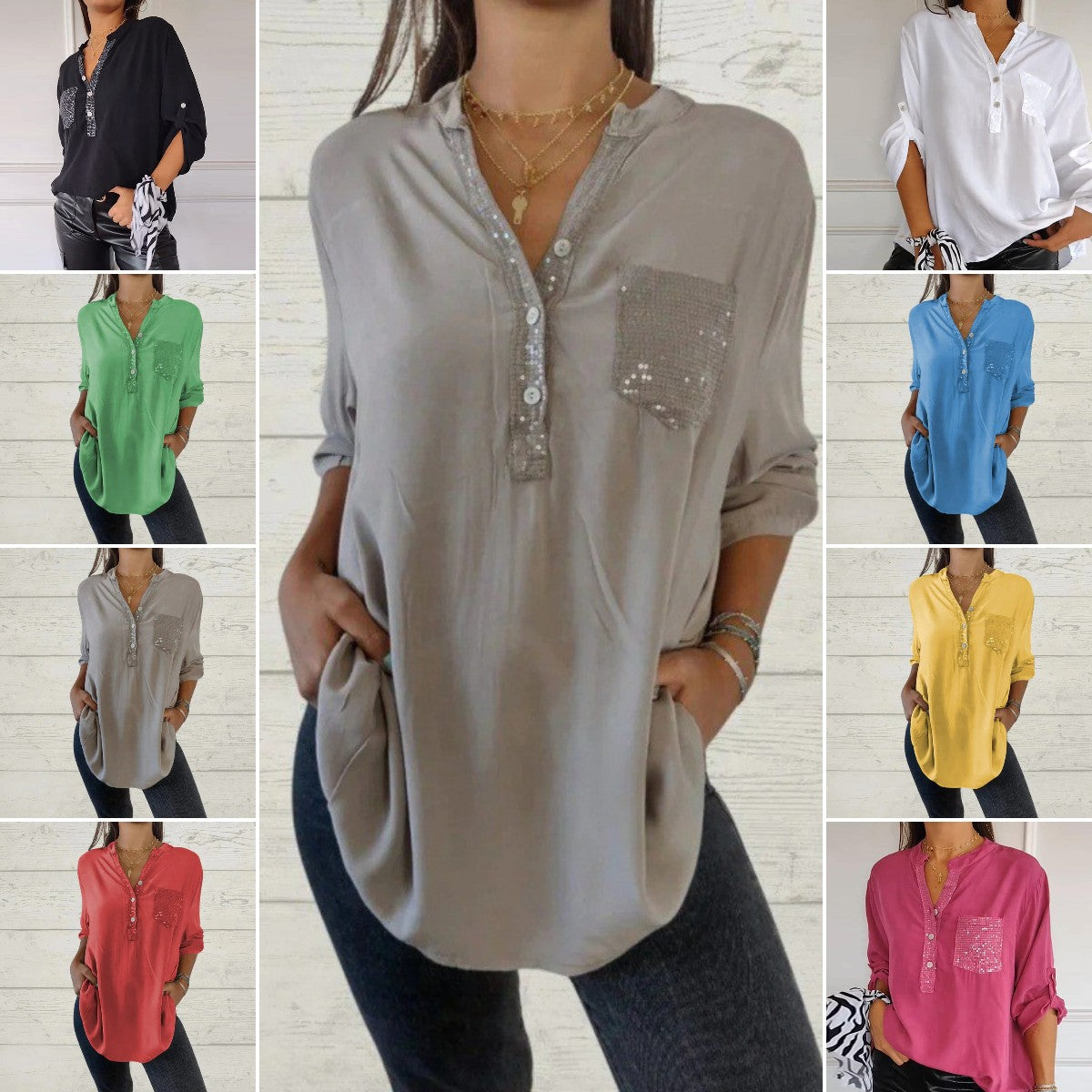 【S-5XL】2024 nowa, codzienna koszula w jednolitym kolorze z dekoltem w kształcie litery V 3674033