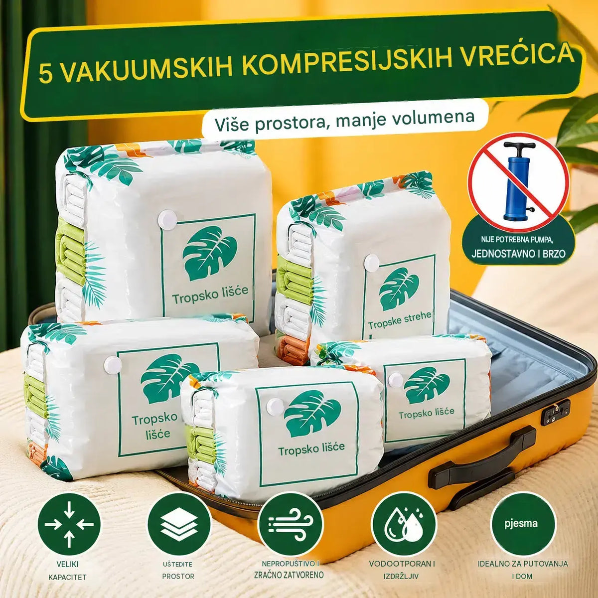 🧳【Set od 5 dijelova】💨 Velika, stlačiva vakuumska vrećica za pohranu: nije potrebna pumpa, nepropusna je i idealna za uštedu prostora u koferima i kod kuće ✈️