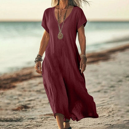 👗🎁💖【S-5XL】Ženska haljina od pamuka i lana s puf rukavima i gumbima