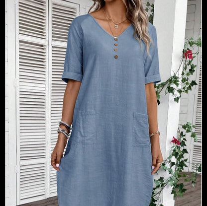 👗🌹Posebna ponuda zadnjeg dana🎁✨【S-2XL】Ženska haljina od pamuka i lana s puf rukavima i gumbima