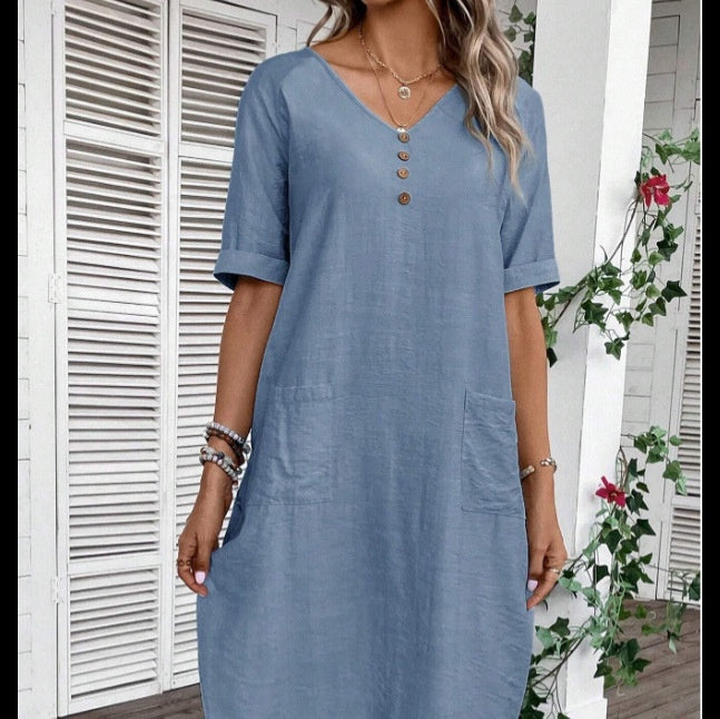 👗🌹Posebna ponuda zadnjeg dana🎁✨【S-2XL】Ženska haljina od pamuka i lana s puf rukavima i gumbima