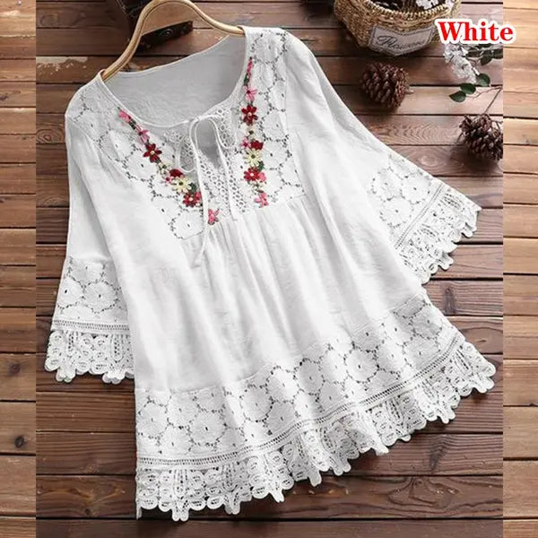 ❤️🔥🌸【S-5XL】Damska luźna koszula z koronką, dekoltem w serek, w jednolitym kolorze 3918266