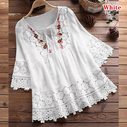 ❤️🔥🌸【S-5XL】Damska luźna koszula z koronką, dekoltem w serek, w jednolitym kolorze 3918266