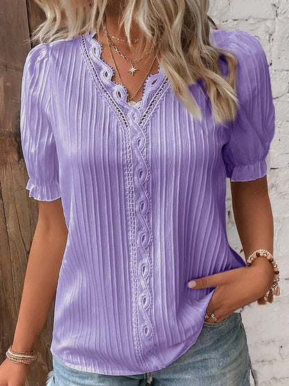 ✨💕👚【Specjalna cena】🔥[S-5XL] 2025 Lato Nowa moda Casual Jednolity kolor Szyfon Krótki rękaw Koronkowy top