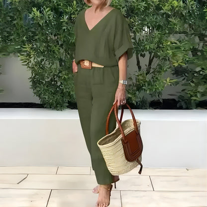 Elegantni ženski set od lana i pamuka: široka bluza s V-izrezom i duge hlače, mekan, prozračan i hladan materijal