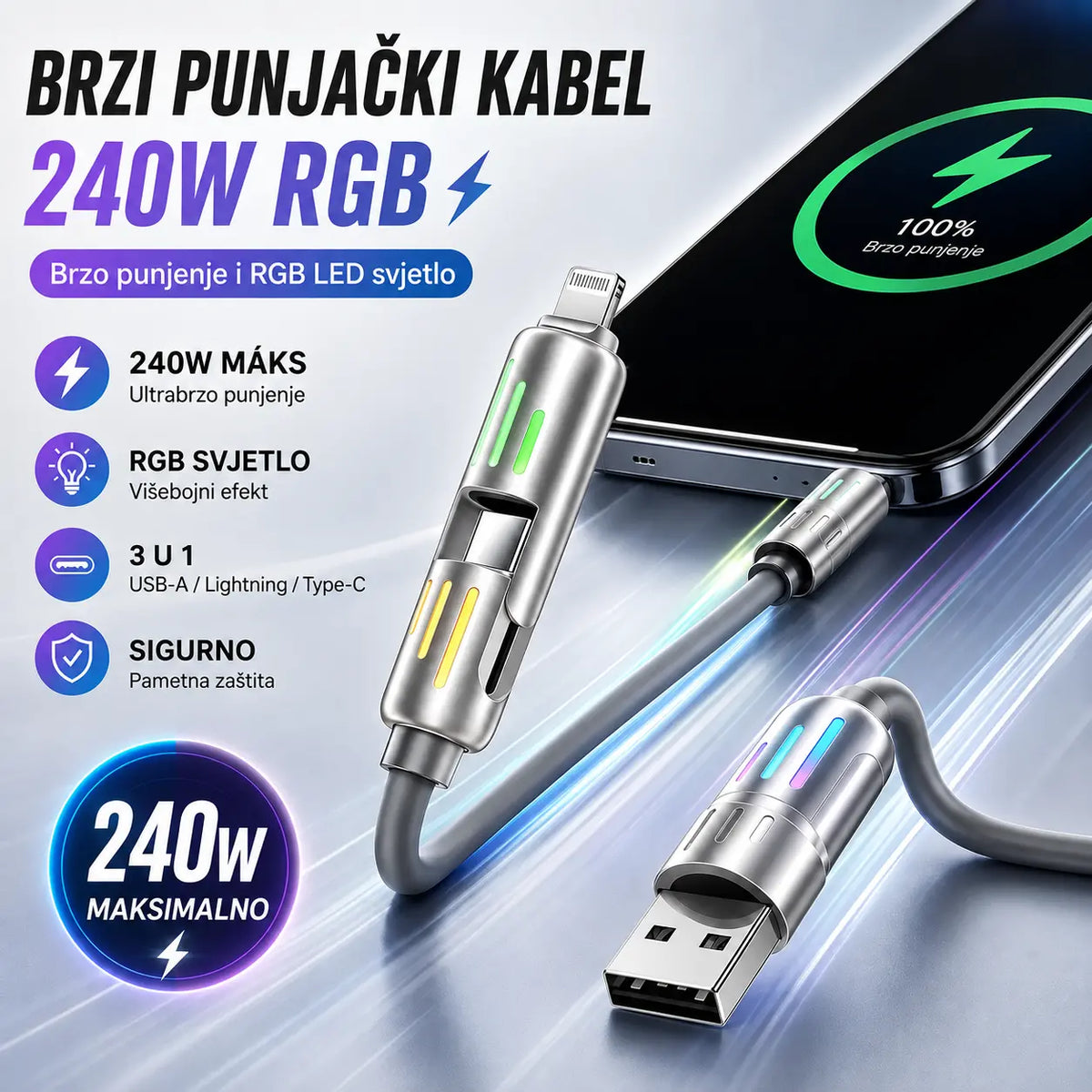 🔥 (duljine 2 metra) 4-u-1 PD 240W kabel – USB-C, Lightning i USB-A brzo punjenje, aluminij i silikon, sinkronizacija podataka ⚡📱