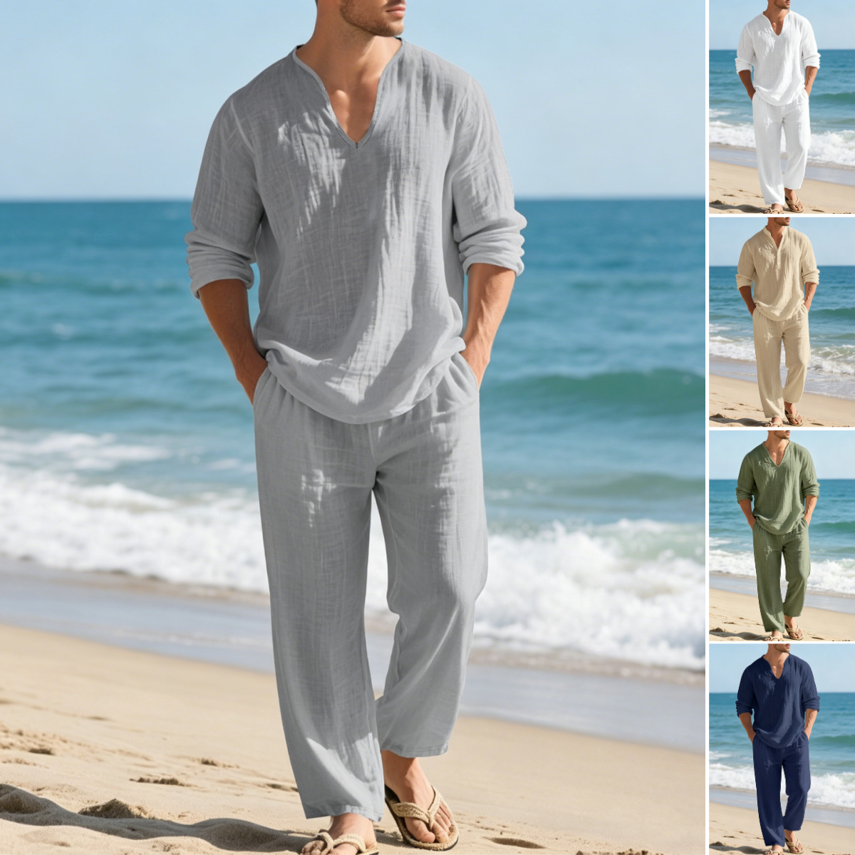 🌴 50% popusta🔥【Majica + hlače】Muško ležerno laneno odijelo širokog kroja s V-izrezom za plažu. ✅️Plaćanje pouzećem ✅️2 artikla sa 70% popusta