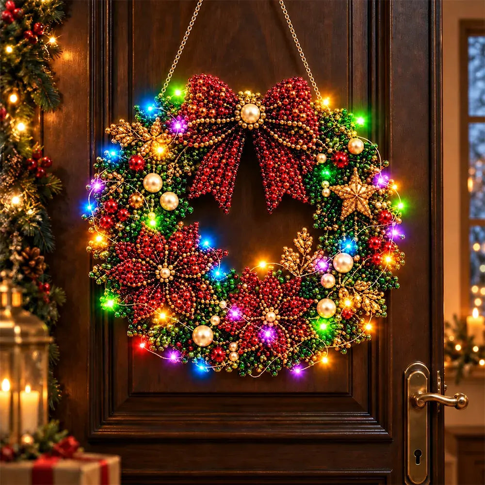 🎄 Božićni vijenac „uradi sam” s dijamantima, biserima i LED lampicama! Izdržljiva akrilna podloga · 9 blagdanskih motiva · Savršen ukras za vrata, zidove i prozore · Poklon od srca!