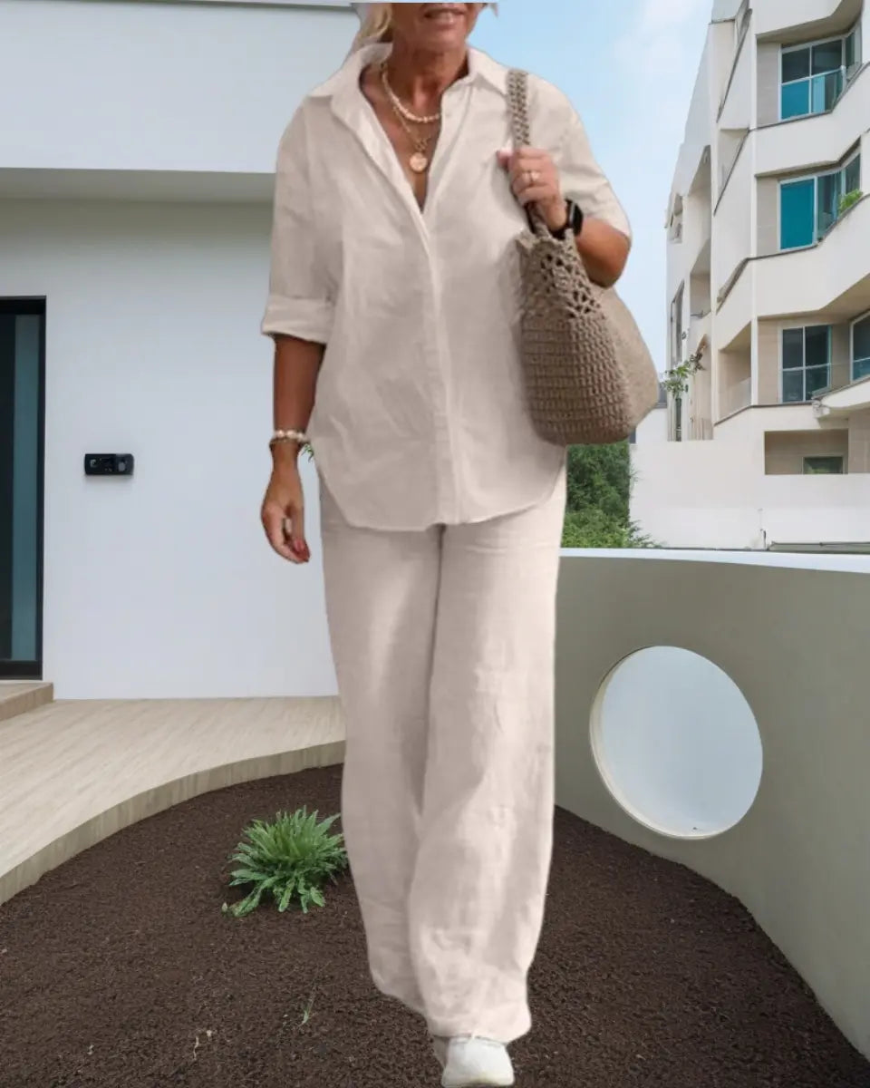 🔥🎉【Top + Pantalones】【S-5XL】Nuevo conjunto de moda, camisa de color liso para mujer + pantalones casuales