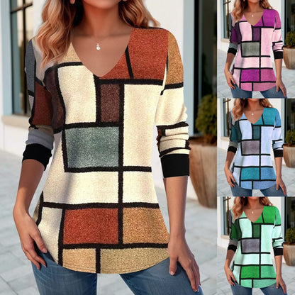 💥【S-5XL】 T-shirt z nadrukiem na wiosnę i jesień z dekoltem w kształcie litery V 3728548