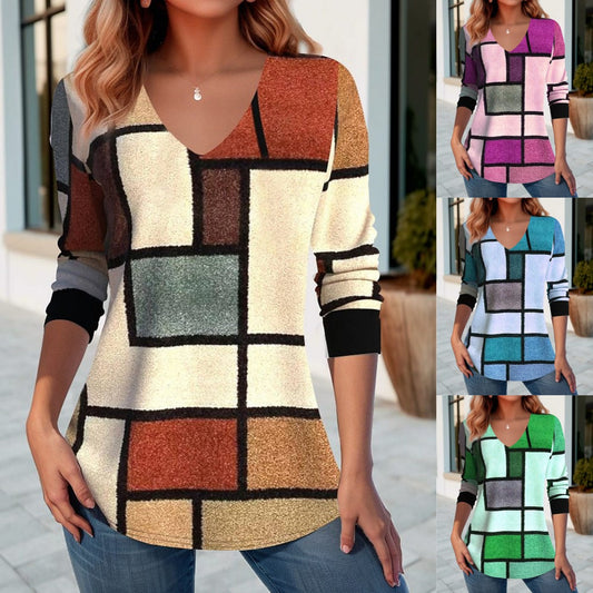 💥【S-5XL】 T-shirt z nadrukiem na wiosnę i jesień z dekoltem w kształcie litery V-3728023
