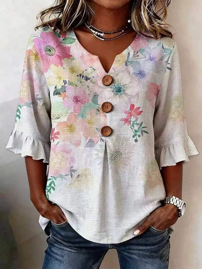 👚🌹[S-5XL] Nova ženska košulja s V-izrezom i volanima — mješavina pamuka i lana s gumbima: jednostavna i elegantna.