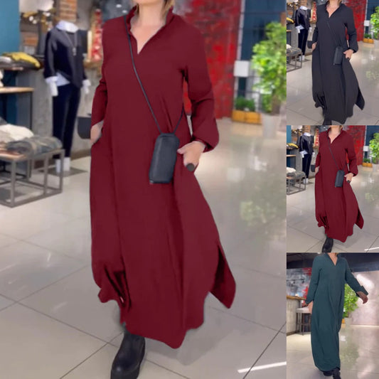 💋【S-3XL】Jednokolorowa sukienka casual z długim rękawem w kształcie litery V 3703232