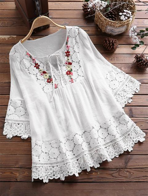 ❤️🔥🌸【S-5XL】Damska luźna koszula z koronką, dekoltem w serek, w jednolitym kolorze 3918266