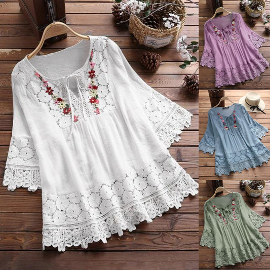 ❤️🔥🌸【S-5XL】Damska luźna koszula z koronką, dekoltem w serek, w jednolitym kolorze 3918266