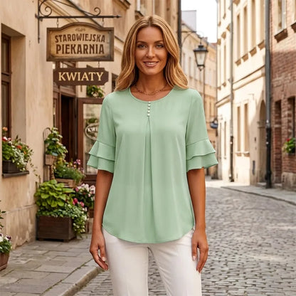 👕【S-3XL】Elegancka bluzka z szyfonu z falbanami na rękawach dla kobiet | Codzienna koszula biurowa z ozdobnymi guzikami, luźny i przewiewny krój