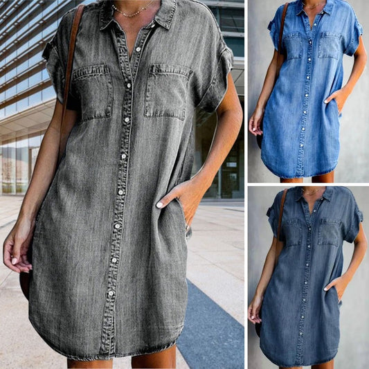 🔥【S-5XL】Dżinsowa sukienka z krótkim rękawem--3637653