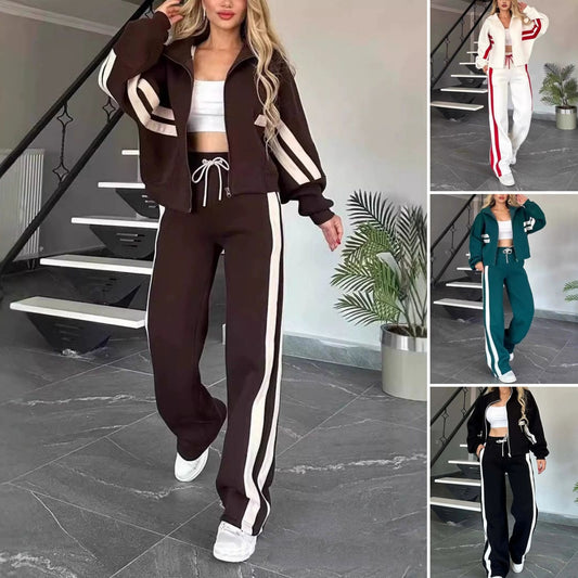 🔥🖤Ženski komplet iz črtaste jakne z zadrgo in hlač za prosti čas, sestavljen iz dveh delov🔥