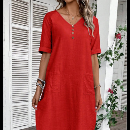 👗🌹Posebna ponuda zadnjeg dana🎁✨【S-2XL】Ženska haljina od pamuka i lana s puf rukavima i gumbima