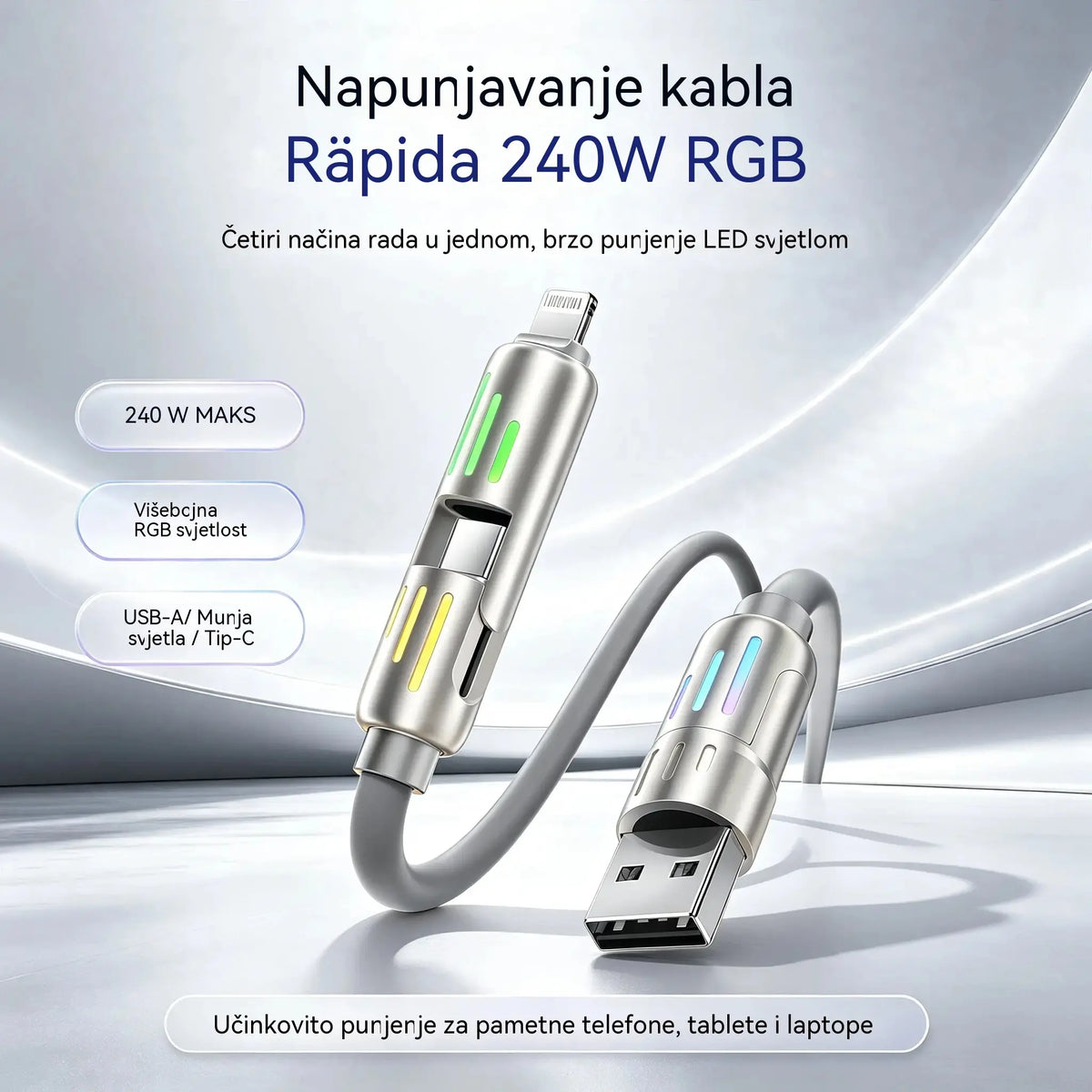 🔥 (duljine 2 metra) 4-u-1 PD 240W kabel – USB-C, Lightning i USB-A brzo punjenje, aluminij i silikon, sinkronizacija podataka ⚡📱