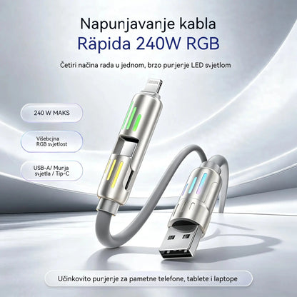 🔥 (duljine 2 metra) 4-u-1 PD 240W kabel – USB-C, Lightning i USB-A brzo punjenje, aluminij i silikon, sinkronizacija podataka ⚡📱