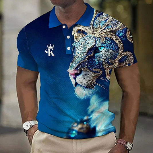 【S-6XL】Męska koszulka polo z lwem z nadrukiem 3D--3684650