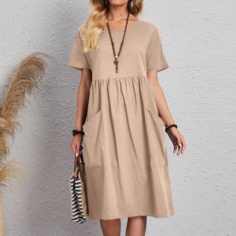 👗🎈Nowości [S~5XL] 2025 Letnia oddychająca sukienka z bawełny i lnu z krótkim rękawem i okrągłym dekoltem
