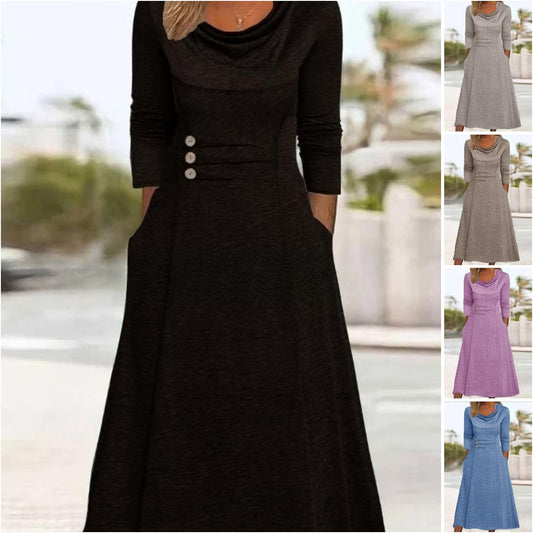 🌟💖【S-3XL】 Nowa, jesienna sukienka 2024 z okrągłym dekoltem i jednokolorowymi kieszeniami w talii--3766499