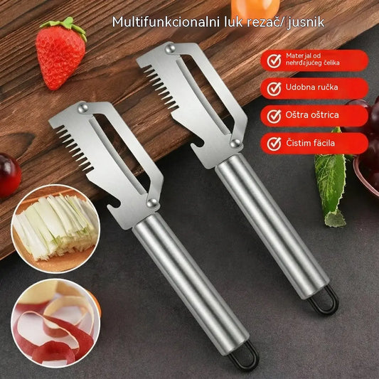 ✅【Kupite 1, dobijte 1 gratis!】🧅🔪 Višenamjenska kuhinjska gulilica 3 u 1: Guli, reže i otvara čepove boca! 🔥