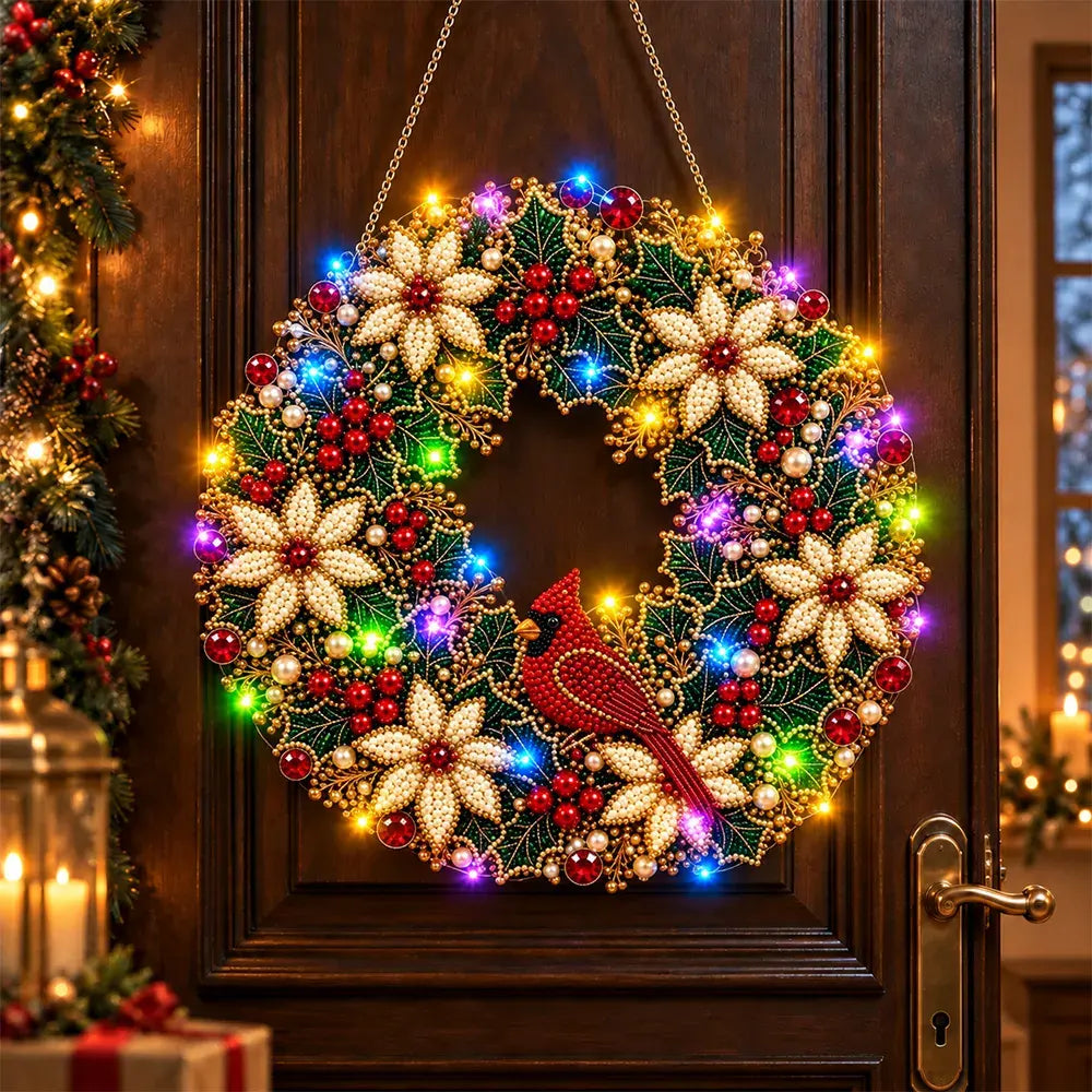 🎄 Božićni vijenac „uradi sam” s dijamantima, biserima i LED lampicama! Izdržljiva akrilna podloga · 9 blagdanskih motiva · Savršen ukras za vrata, zidove i prozore · Poklon od srca!
