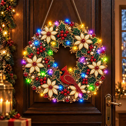 🎄 Božićni vijenac „uradi sam” s dijamantima, biserima i LED lampicama! Izdržljiva akrilna podloga · 9 blagdanskih motiva · Savršen ukras za vrata, zidove i prozore · Poklon od srca!