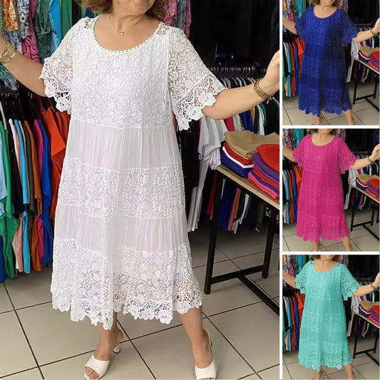 ❤️[S-5XL] Nowa koronkowa sukienka z okrągłym dekoltem i krótkim rękawem 3642409