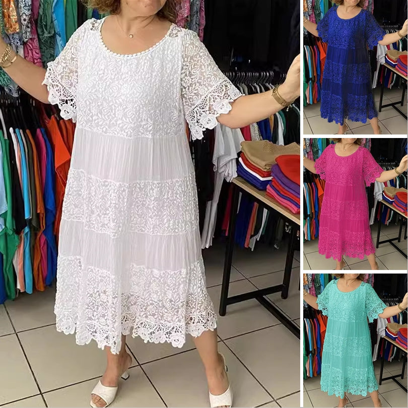 ❤️[S-5XL] Nowa koronkowa sukienka z okrągłym dekoltem i krótkim rękawem 3642409