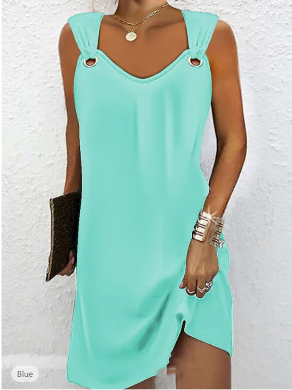 Promocja 50% taniej🔥Nowa sukienka bez rękawów z dekoltem w serek na wiosnę i lato 2025, ozdobiona metalowymi guzikami