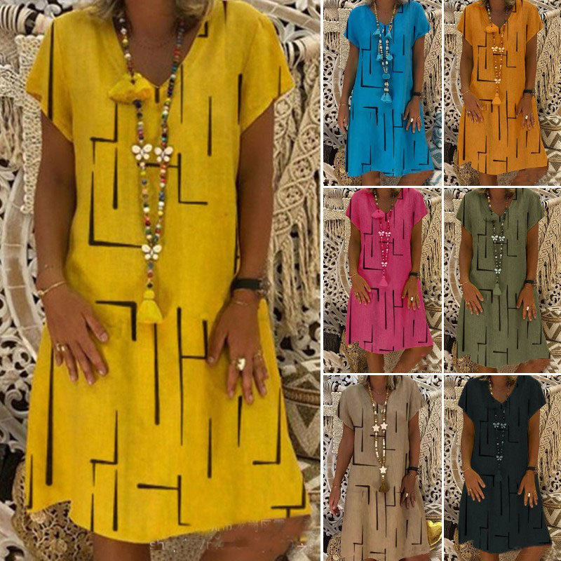 🥻🌲【S-5XL】Nowa sukienka z nadrukiem z dekoltem w serek, wykonana z bawełny i lnu: przyjazna dla skóry i miękka