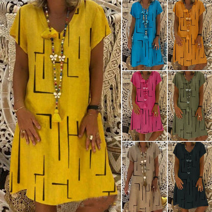 🥻🌲【S-5XL】Nowa sukienka z nadrukiem z dekoltem w serek, wykonana z bawełny i lnu: przyjazna dla skóry i miękka