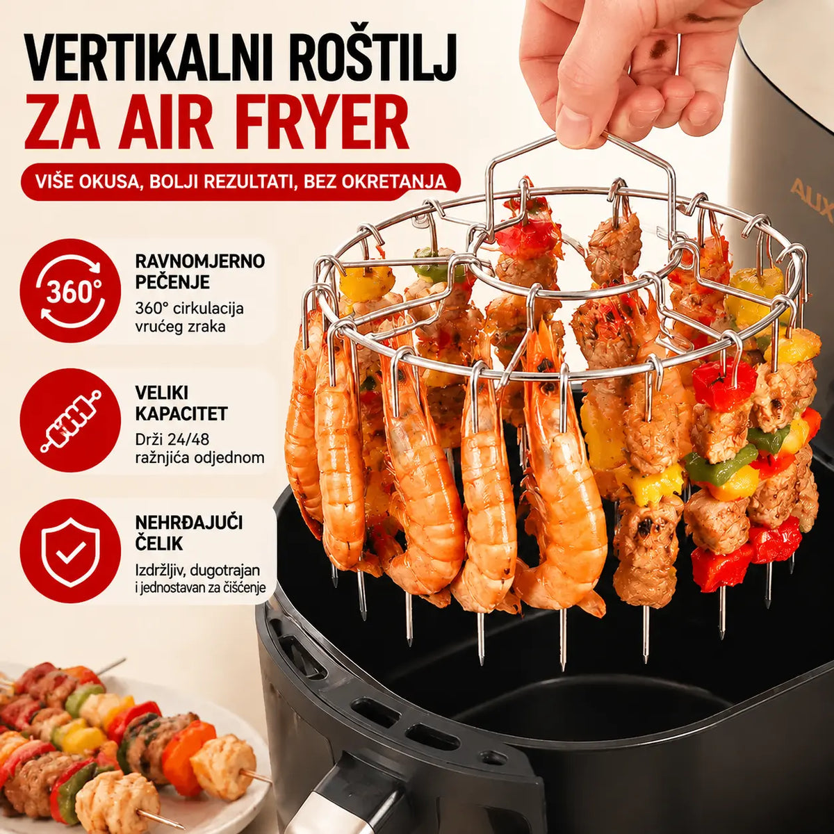 🍖🍗 Rešetka za roštilj od nehrđajućeg čelika 304 za friteze na vrući zrak (uključuje 24 ražnjića)