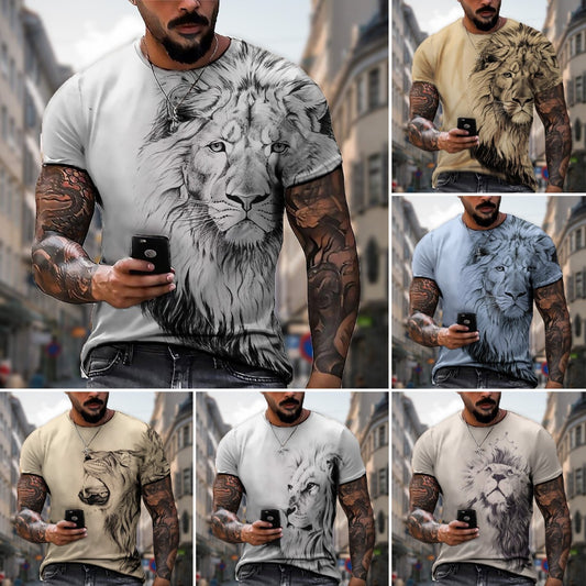 【50% zniżki】【S-5XL】🌞Męski T-shirt z lwem z nadrukiem 3D, duże rozmiary_3625518