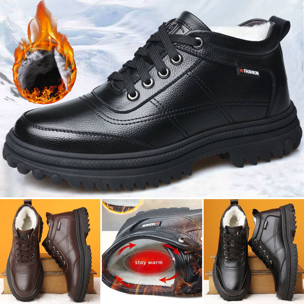 🔥Oferta ograniczona czasowo🔥【39-44】 Zimowe, ciepłe męskie skórzane buty z grubą podeszwą 3862904