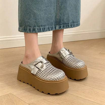 Letnie saboty na wysokiej platformie: pleciony wzór, oddychające i wygodne, styl retro‑modernistyczny, rozmiary 35‑40