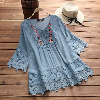 ❤️🔥🌸【S-5XL】Damska luźna koszula z koronką, dekoltem w serek, w jednolitym kolorze 3918266